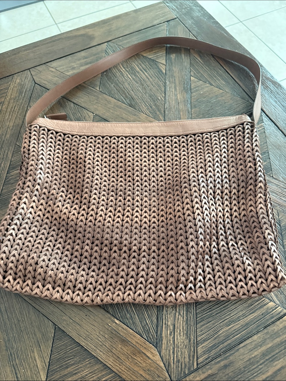 Delfino Made in Italy Brown Woven Crochet Leather Shoulder Hobo Hobo Bag